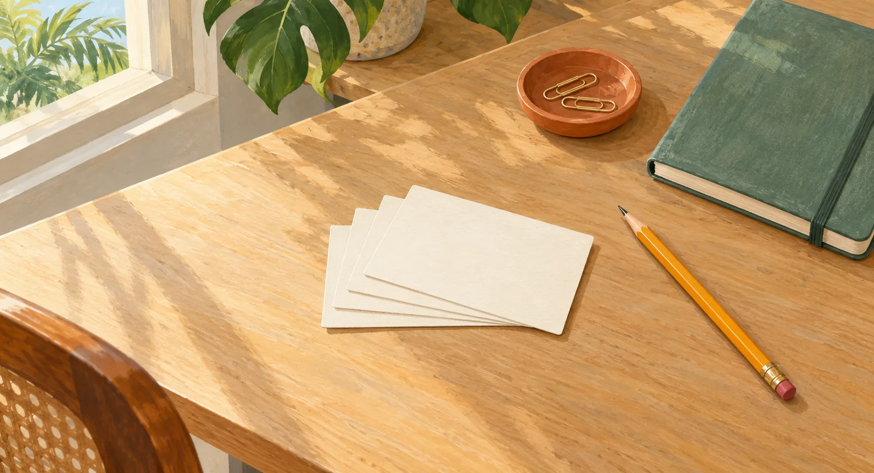 Illustration of blank revision cards, a pencil and a closed green notebook on a sunlit study table
