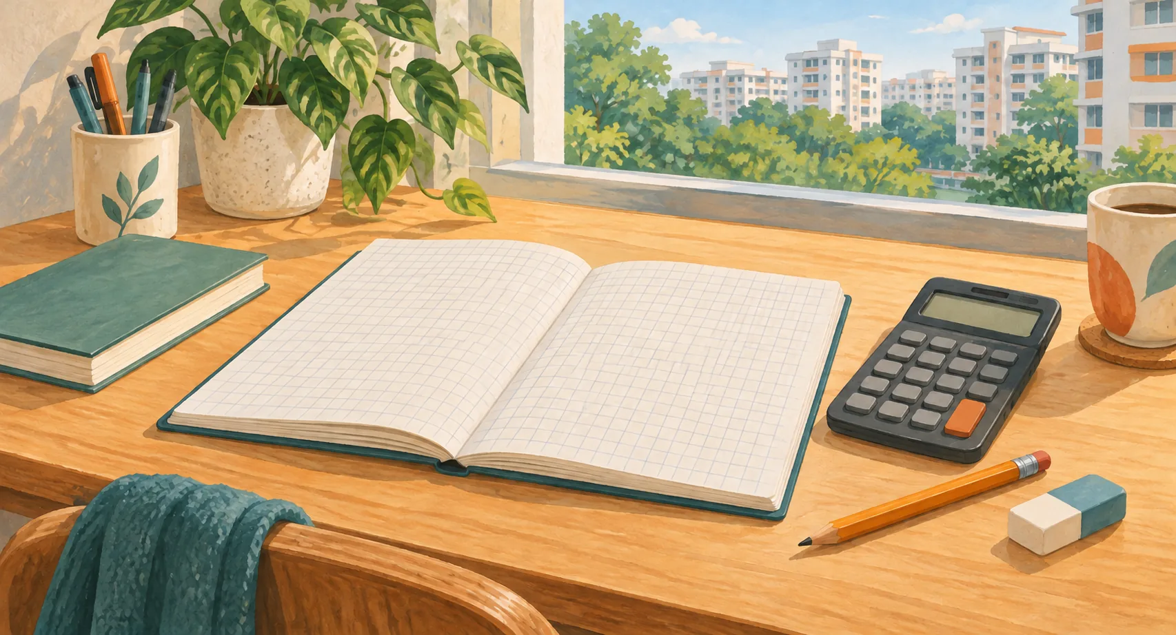 Illustration of an open notebook, calculator and pencil on a study desk beside a Singapore apartment window