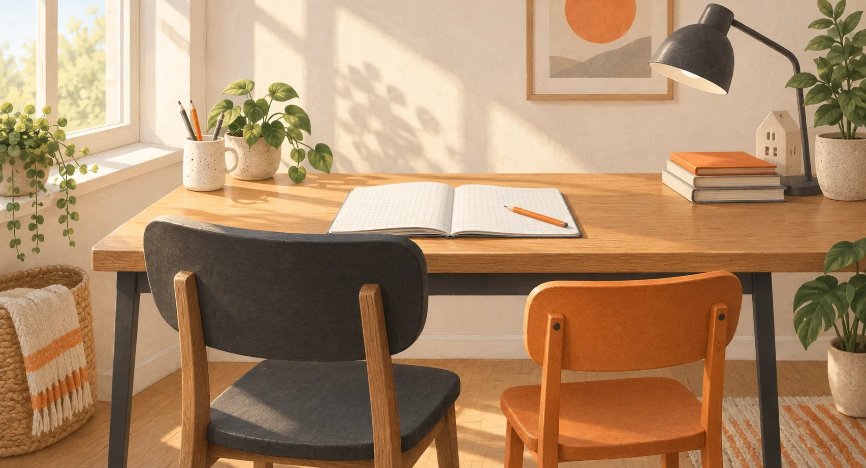 Illustration of two empty chairs at a shared desk with a squared notebook and orange pencil