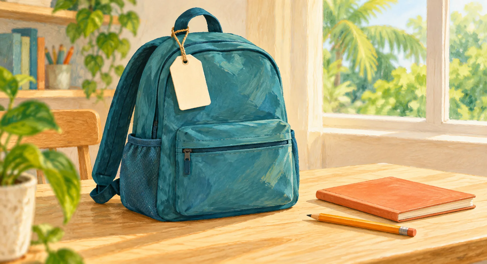 Illustration of a teal backpack with a blank tag beside an exercise book and pencil on a sunlit table