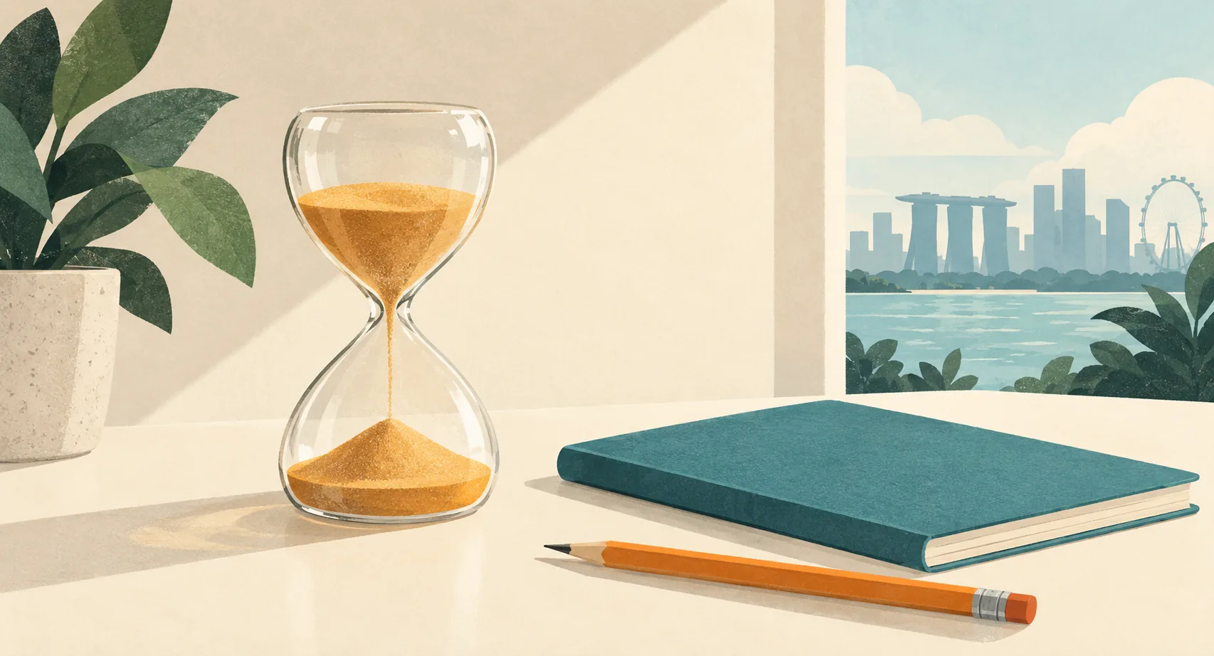 Illustration of an hourglass, teal exercise book and orange pencil with a stylised Singapore skyline