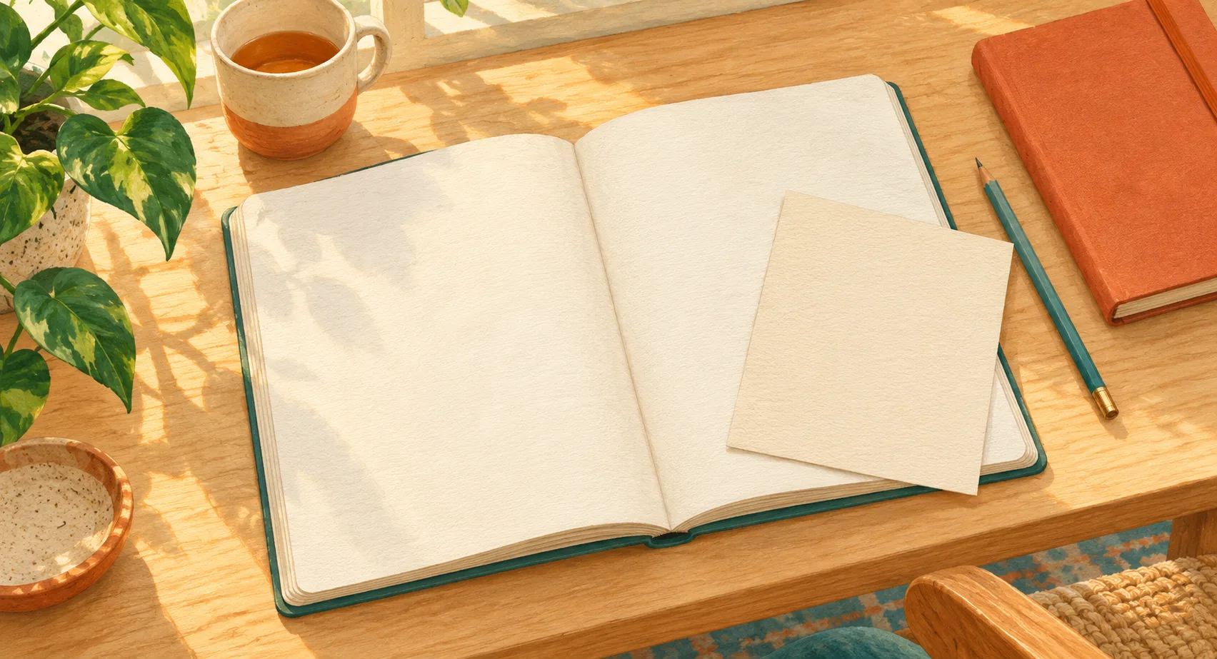 Illustration of an open blank exercise book partly covered by a cream card, with a teal pencil on a sunlit desk