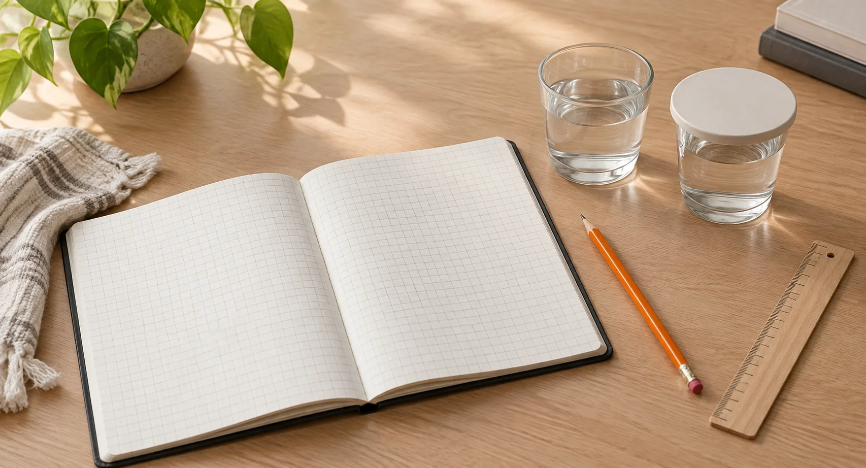 Illustration of a blank squared notebook, pencil and two cups of water on a desk