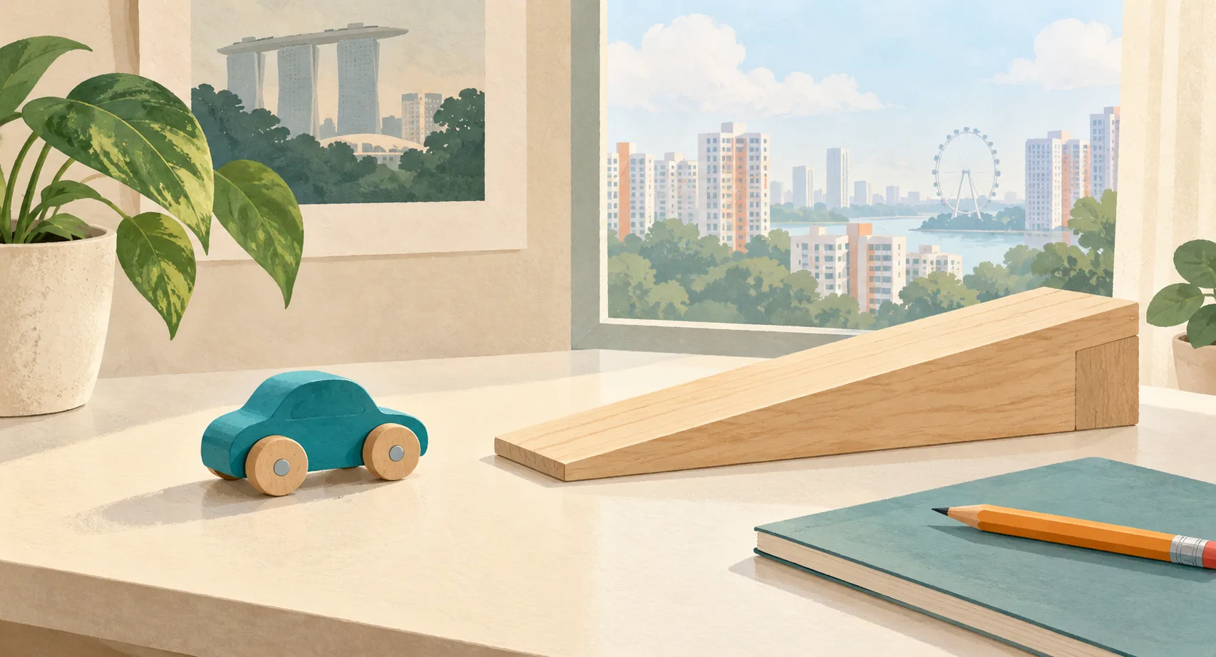 Illustration of a teal toy car beside a wooden ramp, with an exercise book and Singapore skyline