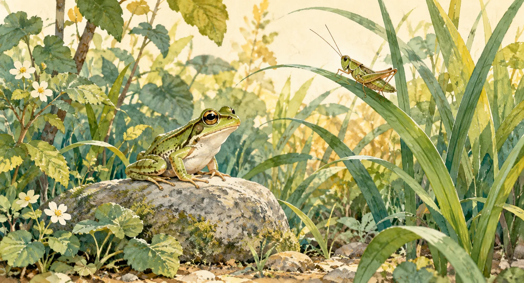 Illustration of a green frog on a stone and a grasshopper on a blade of grass in a leafy garden