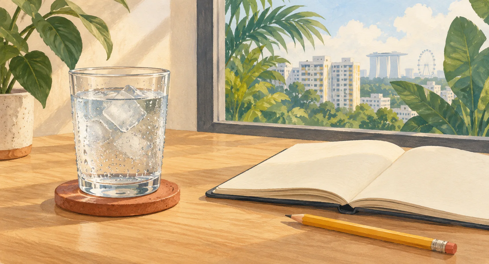 Illustration of a glass of ice water with droplets outside, beside a blank notebook and pencil at an apartment window