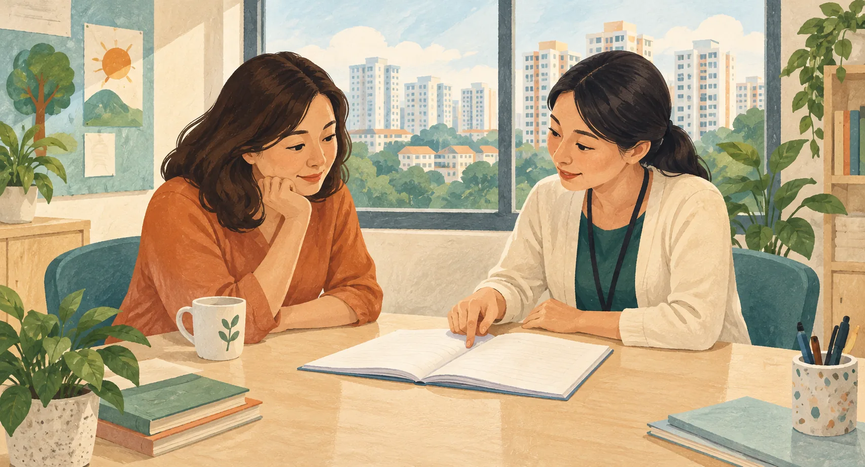 Illustration of two adults discussing an open exercise book at a table in a Singapore school setting